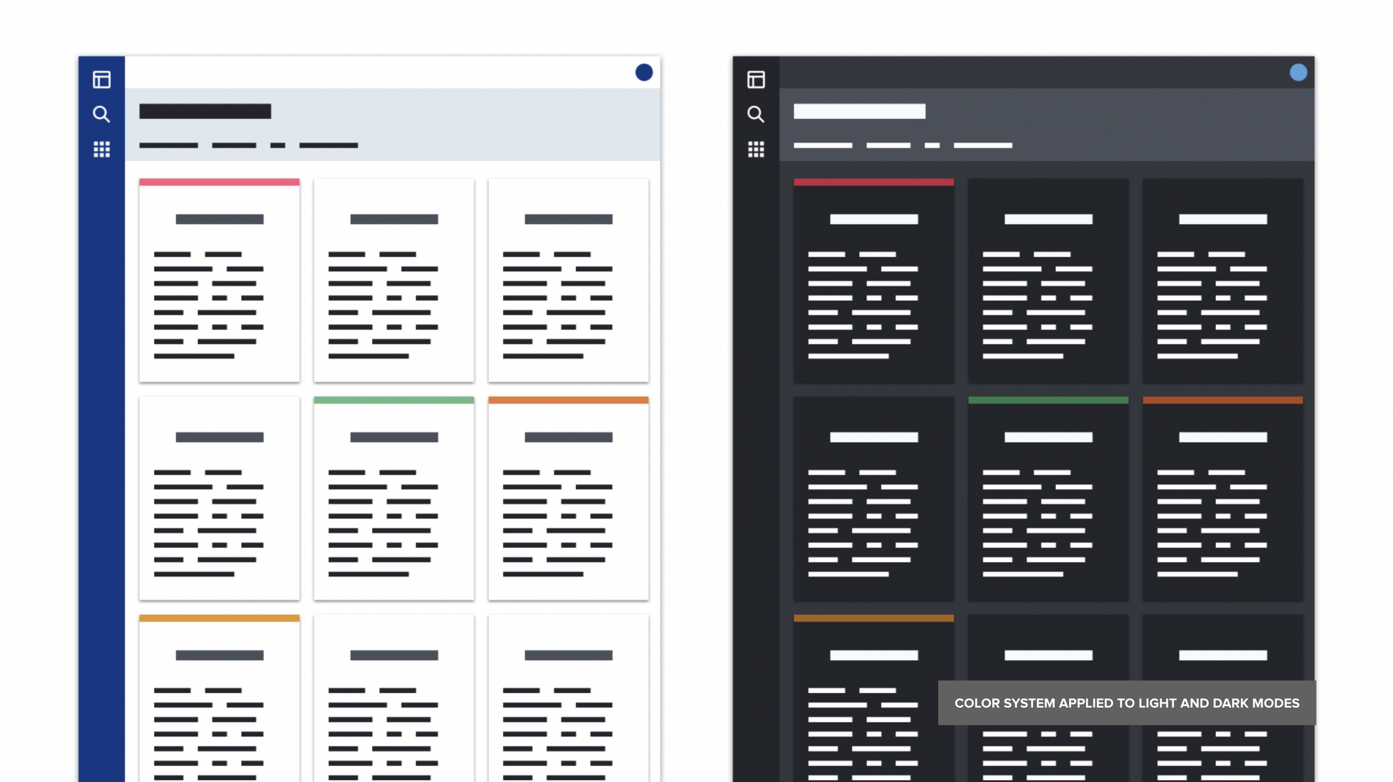 Accela design system color palette displayed in both light and dark modes